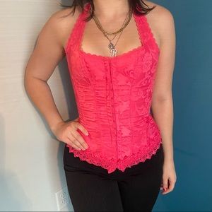 Pink vintage 90s lace up corset bustier top